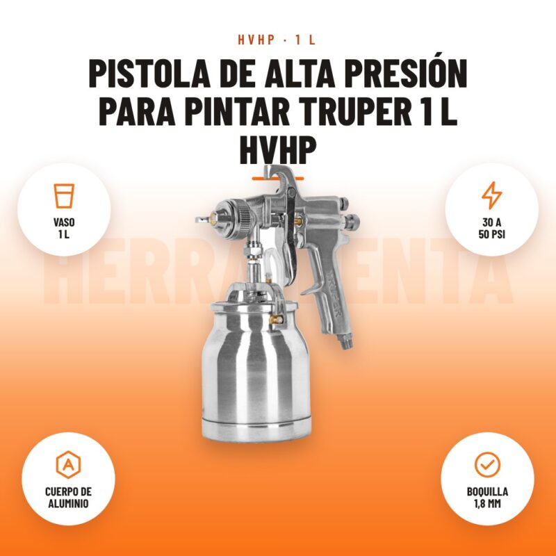 Pistola de Alta Presión para Pintar Truper 1 L HVHP: imagen promocional con vaso 1 l, 30 a 50 psi, cuerpo de aluminio, boquilla 1,8 mm