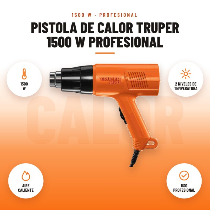Pistola de Calor Truper 1500 W Profesional: imagen promocional con 1500 w, 2 niveles de temperatura, aire caliente, uso profesional