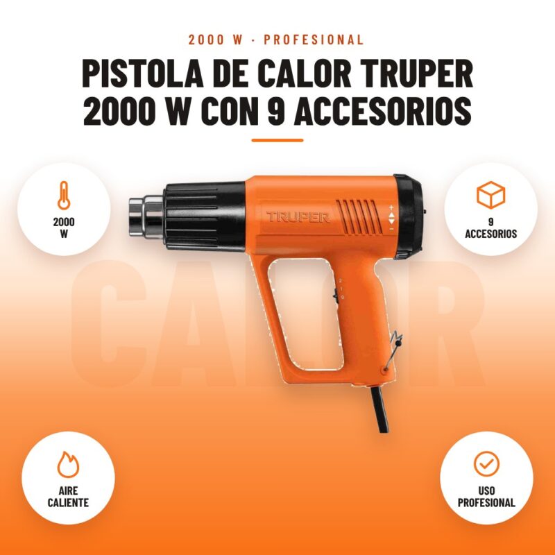 Pistola de Calor Truper 2000 W con 9 Accesorios: imagen promocional con 2000 w, 9 accesorios, aire caliente, uso profesional