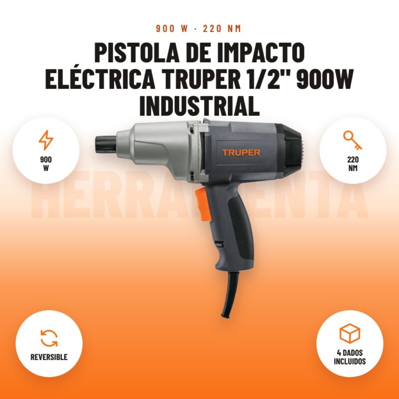 Pistola de Impacto Eléctrica Truper 1/2" 900W Industrial: imagen promocional con 900 w, 220 nm, reversible, 4 dados incluidos