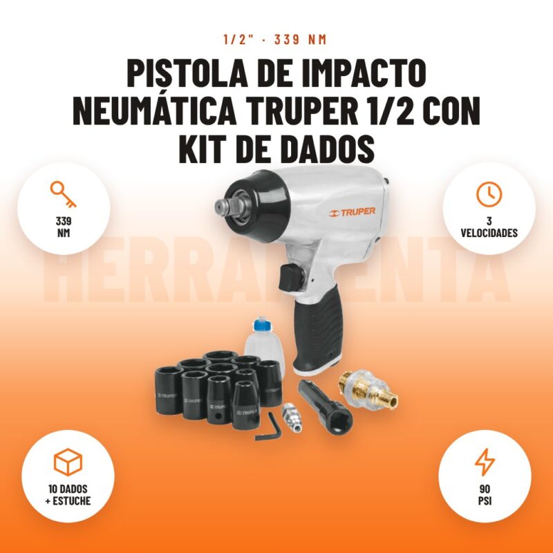 Pistola de Impacto Neumática Truper 1/2 con Kit de Dados: imagen promocional con 339 nm, 3 velocidades, 10 dados + estuche, 90 psi