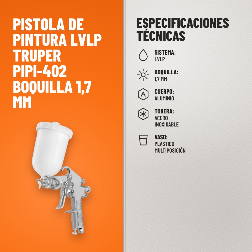 Especificaciones técnicas de Pistola de Pintura LVLP Truper PIPI-402 Boquilla 1,7 mm