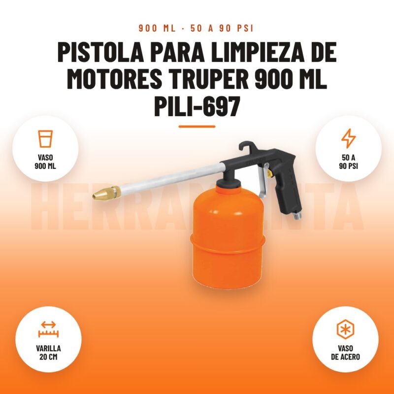 Pistola para limpieza de motores Truper 900 ml PILI-697: imagen promocional con vaso 900 ml, 50 a 90 psi, varilla 20 cm, vaso de acero