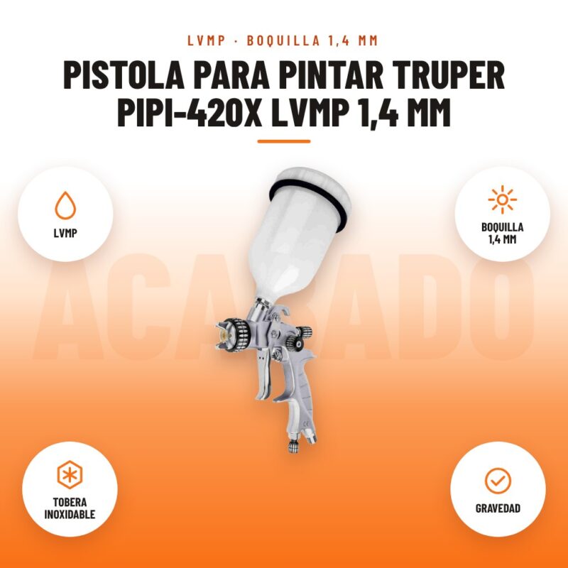 Pistola para Pintar Truper PIPI-420X LVMP 1,4 mm: imagen promocional con lvmp, boquilla 1,4 mm, tobera inoxidable, gravedad