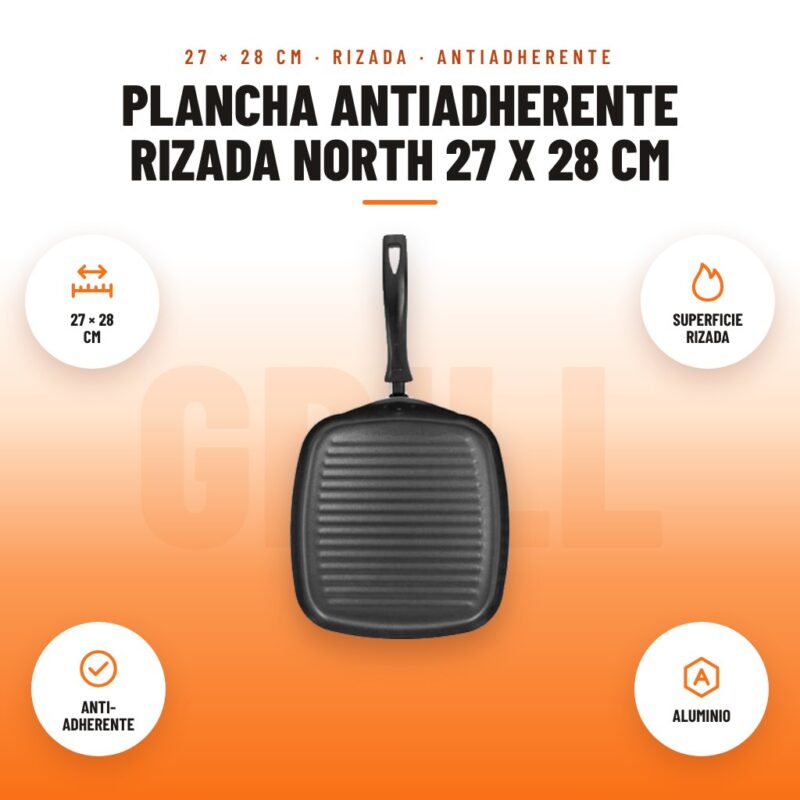 Plancha Antiadherente Rizada North 27 x 28 cm: imagen promocional con 27 × 28 cm, superficie rizada, anti- adherente, aluminio