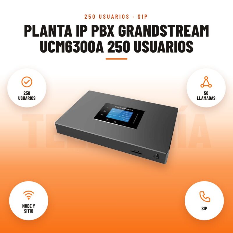 Planta IP PBX Grandstream UCM6300A 250 usuarios: imagen promocional con 250 usuarios, 50 llamadas, nube y sitio, sip