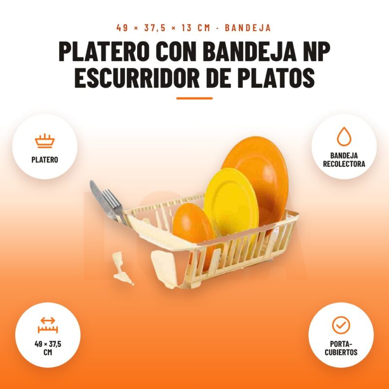 Platero con Bandeja NP Escurridor de Platos: imagen promocional con platero, bandeja recolectora, 49 × 37,5 cm, porta- cubiertos