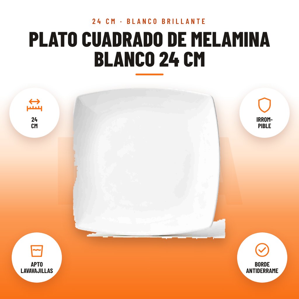 Plato Cuadrado de Melamina Blanco 24 cm: imagen promocional con 24 cm, irrom- pible, apto lavavajillas, borde antiderrame