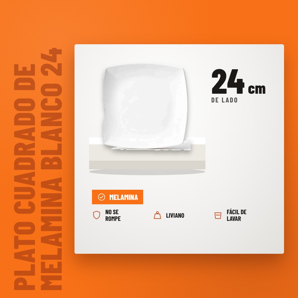 Plato Cuadrado de Melamina Blanco 24 cm sobre soporte con sus beneficios principales