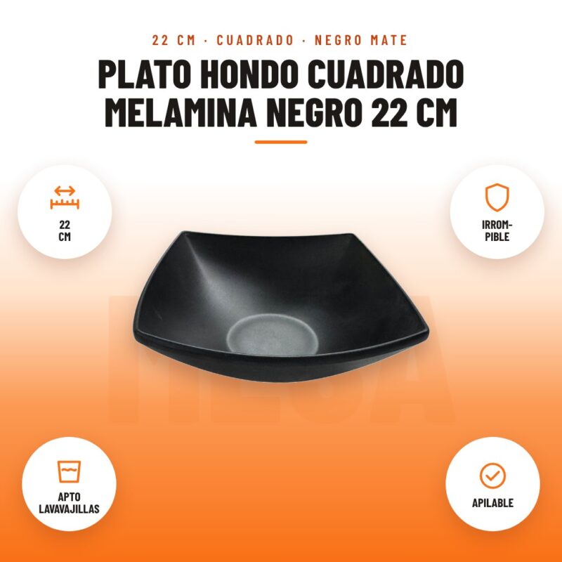 Plato Hondo Cuadrado Melamina Negro 22 cm: imagen promocional con 22 cm, irrom- pible, apto lavavajillas, apilable