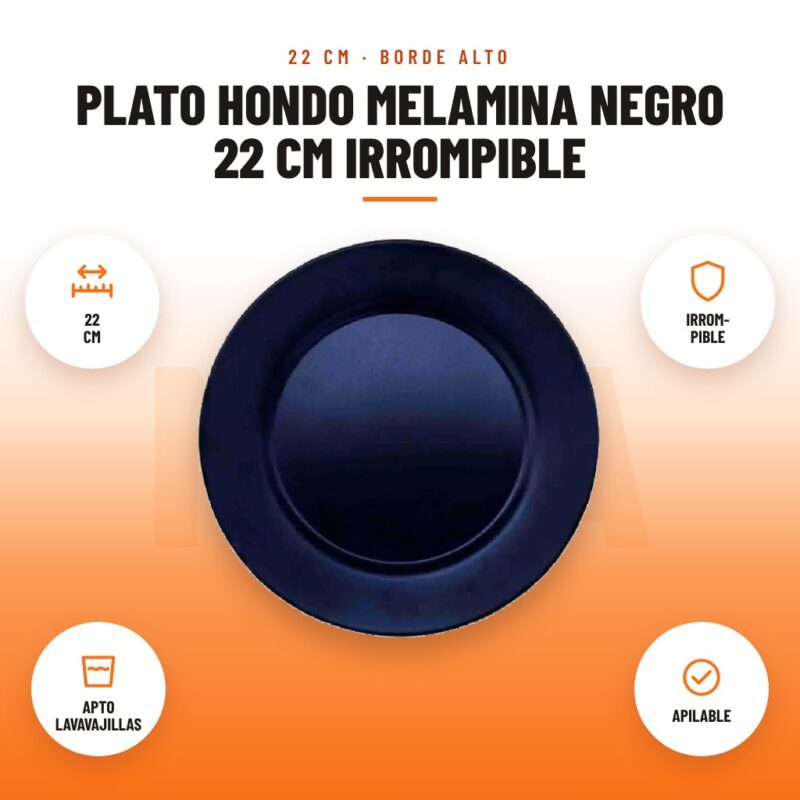 Plato Hondo Melamina Negro 22 cm Irrompible: imagen promocional con 22 cm, irrom- pible, apto lavavajillas, apilable