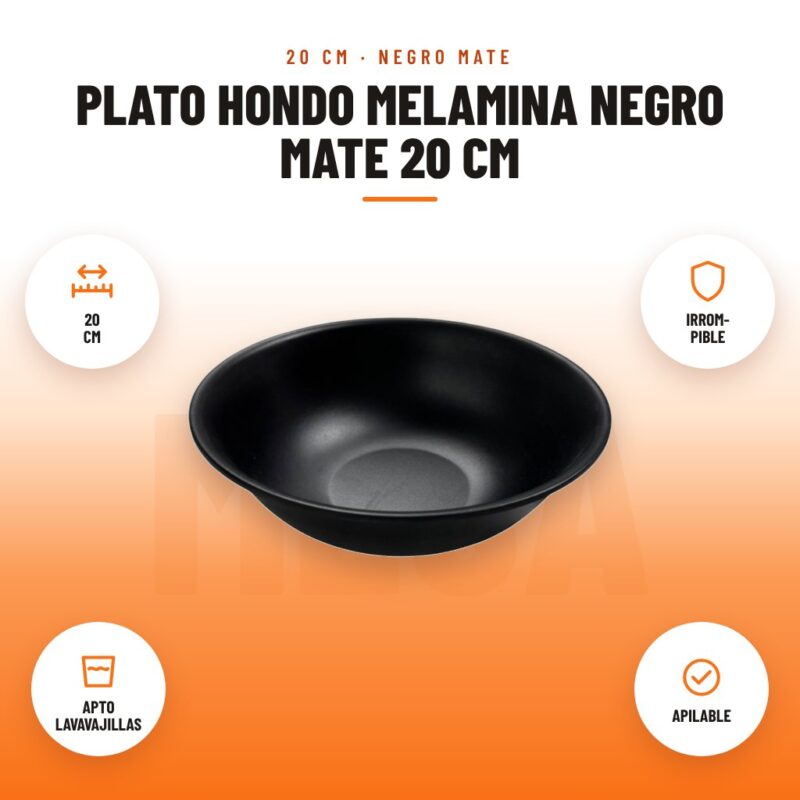 Plato Hondo Melamina Negro Mate 20 cm: imagen promocional con 20 cm, irrom- pible, apto lavavajillas, apilable
