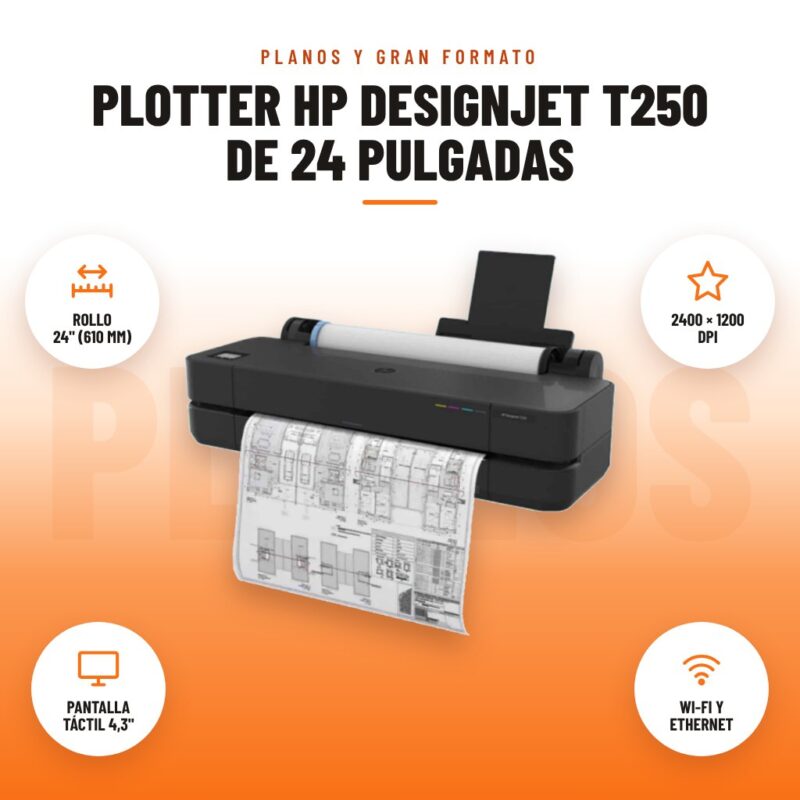 Plotter HP DesignJet T250 de 24 Pulgadas: imagen promocional con rollo 24" (610 mm), 2400 × 1200 dpi, pantalla táctil 4,3", wi-fi y ethernet