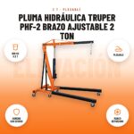 Pluma Hidráulica Truper PHF-2 Brazo Ajustable 2 Ton: imagen promocional con 500 kg a 2 t, plegable, gancho con seguro, marco reforzado