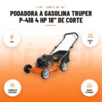 Podadora a Gasolina Truper P-418 4 HP 18" de Corte: imagen promocional con 4 hp, corte 18", 4 modos de descarga, mango plegable
