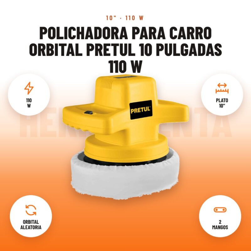 Polichadora para carro orbital Pretul 10 pulgadas 110 W: imagen promocional con 110 w, plato 10", orbital aleatoria, 2 mangos