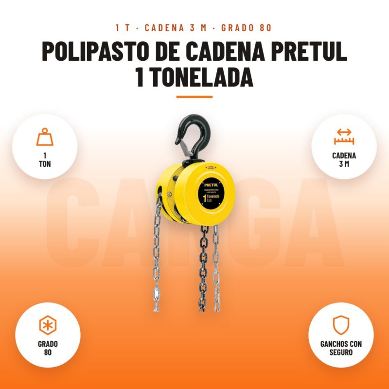 Polipasto de Cadena Pretul 1 Tonelada: imagen promocional con 1 ton, cadena 3 m, grado 80, ganchos con seguro