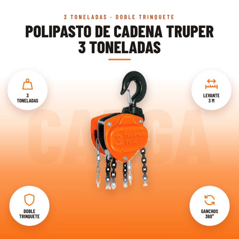 Polipasto de Cadena Truper 3 Toneladas: imagen promocional con 3 toneladas, levante 3 m, doble trinquete, ganchos 360°