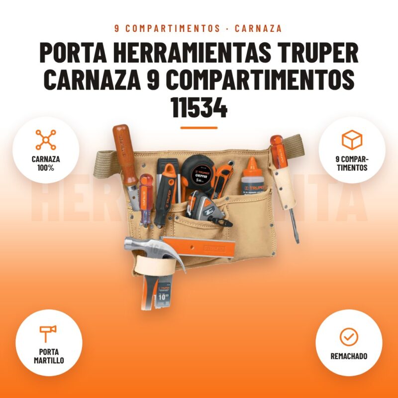 Porta Herramientas Truper Carnaza 9 Compartimentos 11534: imagen promocional con carnaza 100%, 9 compar- timentos, porta martillo, remachado