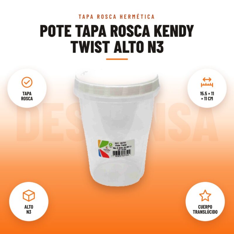 Pote Tapa Rosca Kendy Twist Alto N3: imagen promocional con tapa rosca, 15.5 × 11 × 11 cm, alto n3, cuerpo translúcido