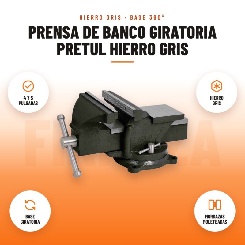 Prensa de Banco Giratoria Pretul Hierro Gris: imagen promocional con 4 y 5 pulgadas, hierro gris, base giratoria, mordazas moleteadas