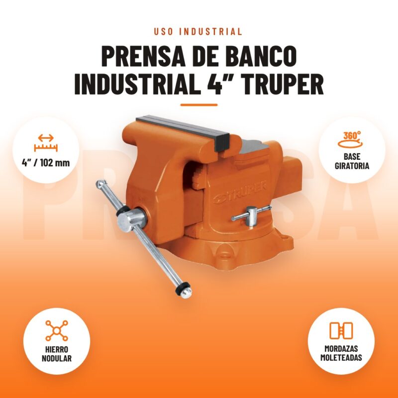 Prensa de banco industrial 4 pulgadas Truper con iconos de 4″/102 mm, base giratoria 360°, hierro nodular y mordazas moleteadas