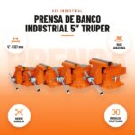 Prensa de banco industrial 5 pulgadas Truper con iconos de 5″/127 mm, base giratoria 360°, hierro nodular y mordazas moleteadas