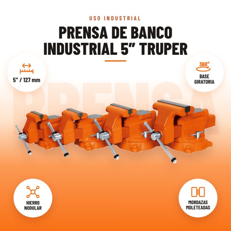 Prensa de banco industrial 5 pulgadas Truper con iconos de 5″/127 mm, base giratoria 360°, hierro nodular y mordazas moleteadas