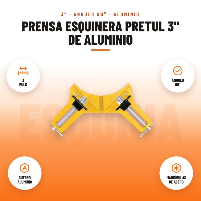 Prensa Esquinera Pretul 3" de Aluminio: imagen promocional con 3 pulg, ángulo 90°, cuerpo aluminio, mandíbulas de acero