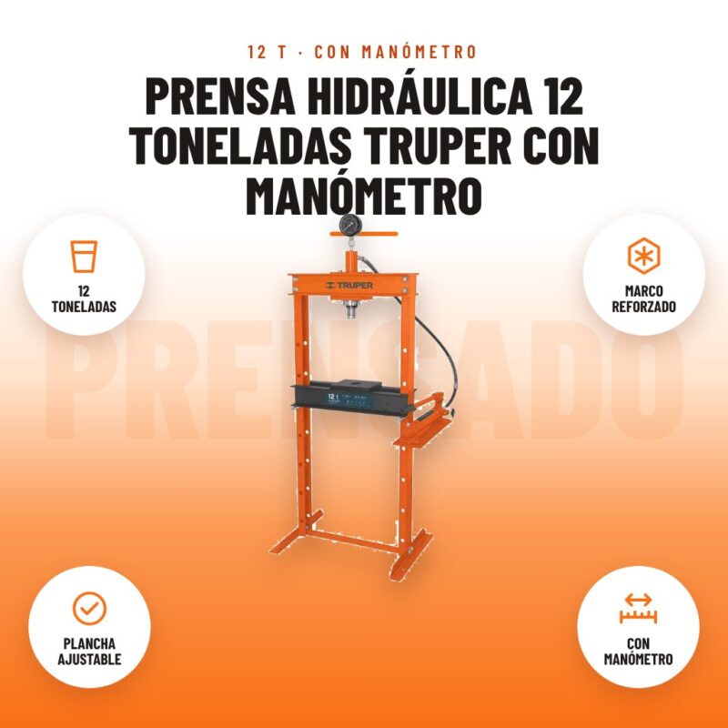 Prensa Hidráulica 12 Toneladas Truper con Manómetro: imagen promocional con 12 toneladas, marco reforzado, plancha ajustable, con manómetro