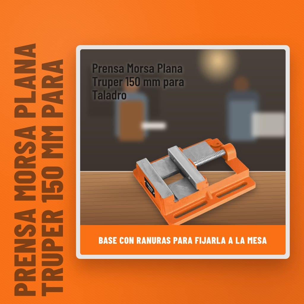 Prensa Morsa Plana Truper 150 mm para Taladro en un taller con un profesional al fondo