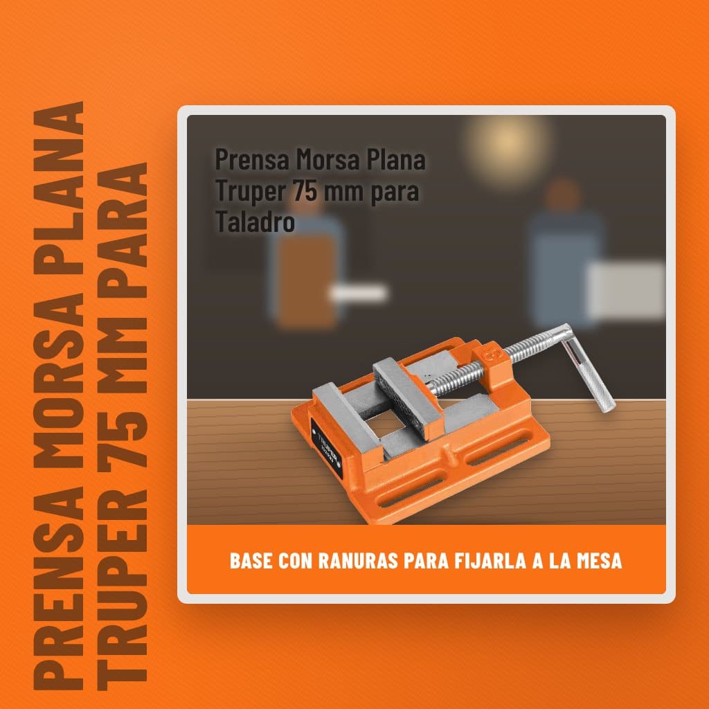 Prensa Morsa Plana Truper 75 mm para Taladro en un taller con un profesional al fondo
