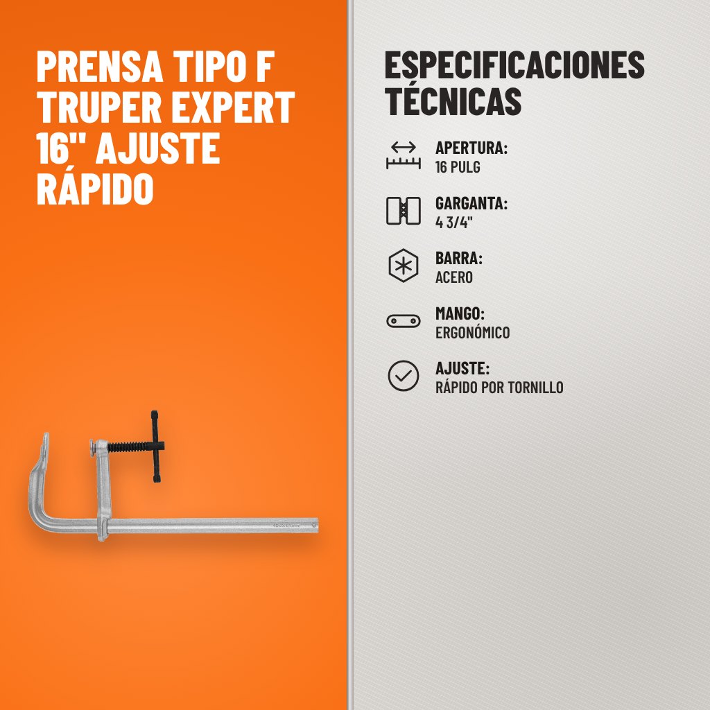 Especificaciones técnicas de Prensa Tipo F Truper Expert 16" Ajuste Rápido