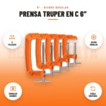 Prensa Truper En C 6″: imagen promocional con 6 pulgadas, hierro nodular, mordazas grandes, virola giratoria