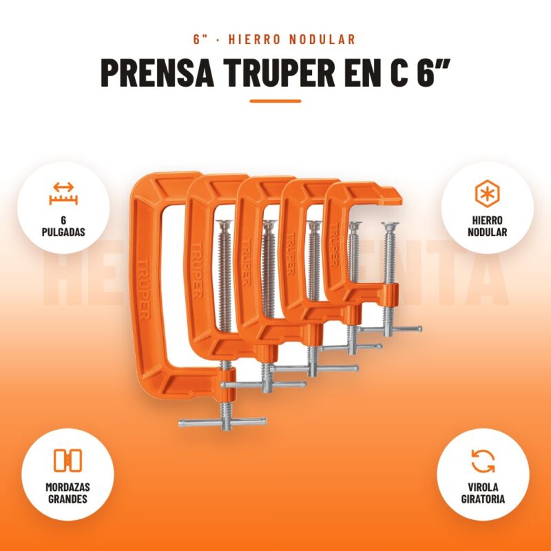 Prensa Truper En C 6″: imagen promocional con 6 pulgadas, hierro nodular, mordazas grandes, virola giratoria