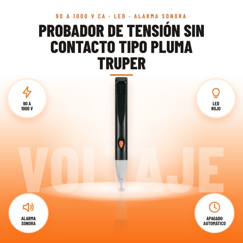 Probador de Tensión sin Contacto Tipo Pluma Truper: imagen promocional con 90 a 1000 v, led rojo, alarma sonora, apagado automático
