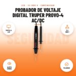 Probador de Voltaje Digital Truper PROVO-4 AC/DC: imagen promocional con pantalla lcd, 12 a 1000 v, alerta sonora, polaridad