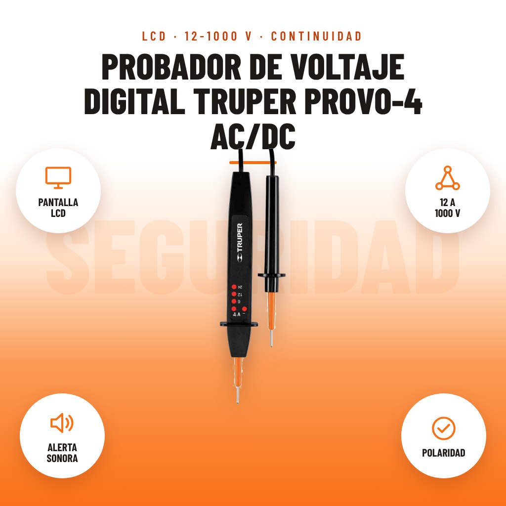 Probador de Voltaje Digital Truper PROVO-4 AC/DC: imagen promocional con pantalla lcd, 12 a 1000 v, alerta sonora, polaridad