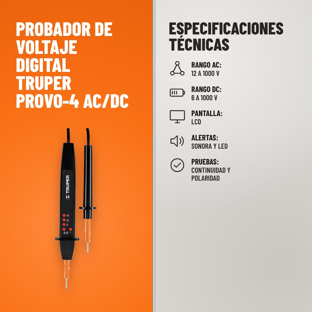 Especificaciones técnicas de Probador de Voltaje Digital Truper PROVO-4 AC/DC