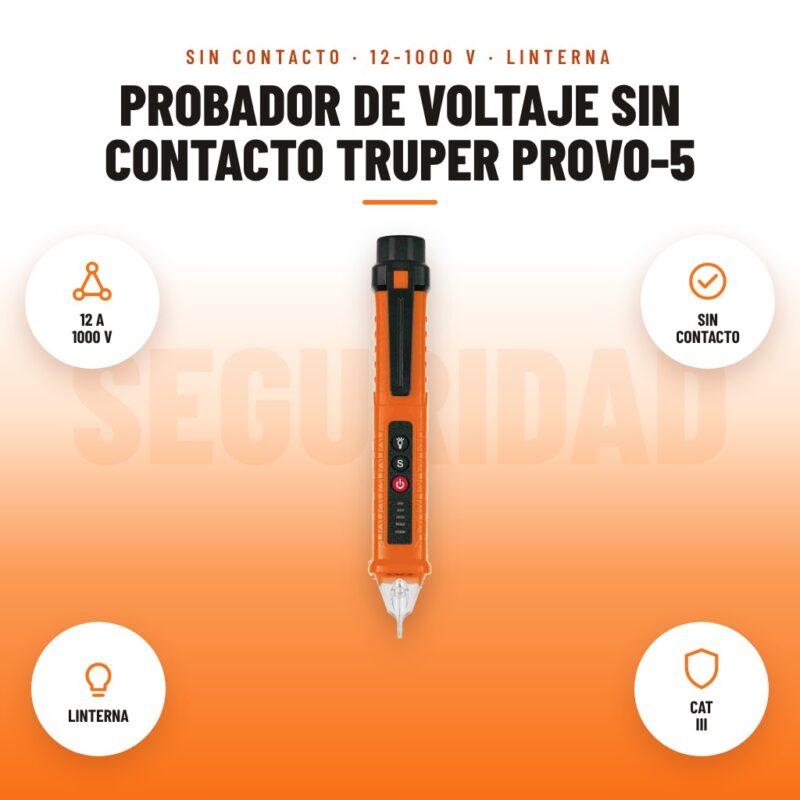 Probador de Voltaje sin Contacto Truper PROVO-5: imagen promocional con 12 a 1000 v, sin contacto, linterna, cat iii