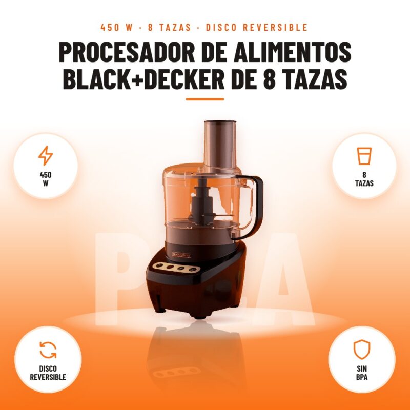 Procesador de Alimentos Black+Decker de 8 Tazas: imagen promocional con 450 w, 8 tazas, disco reversible, sin bpa
