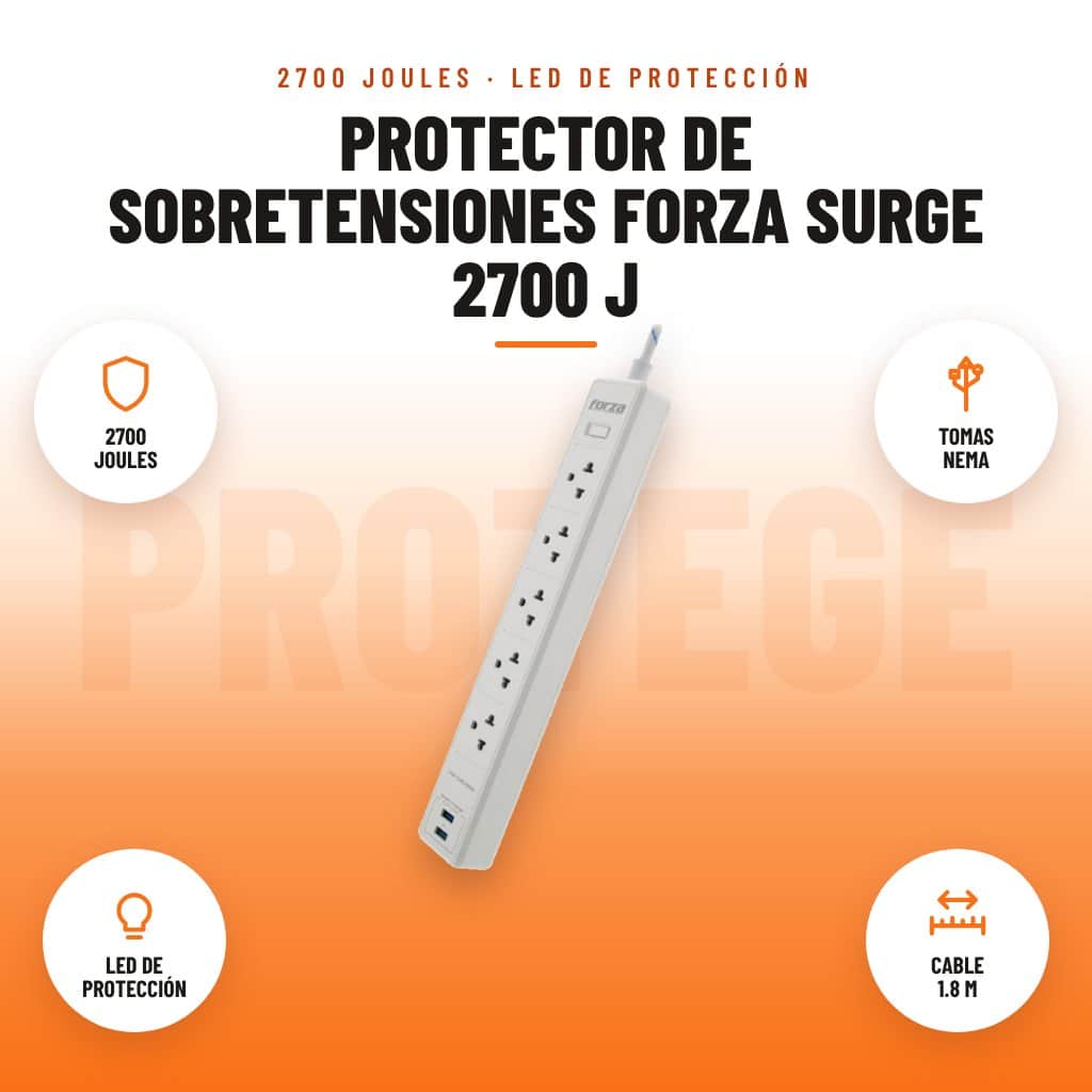 Protector de Sobretensiones Forza Surge 2700 J: imagen promocional con 2700 joules, tomas nema, led de protección, cable 1.8 m