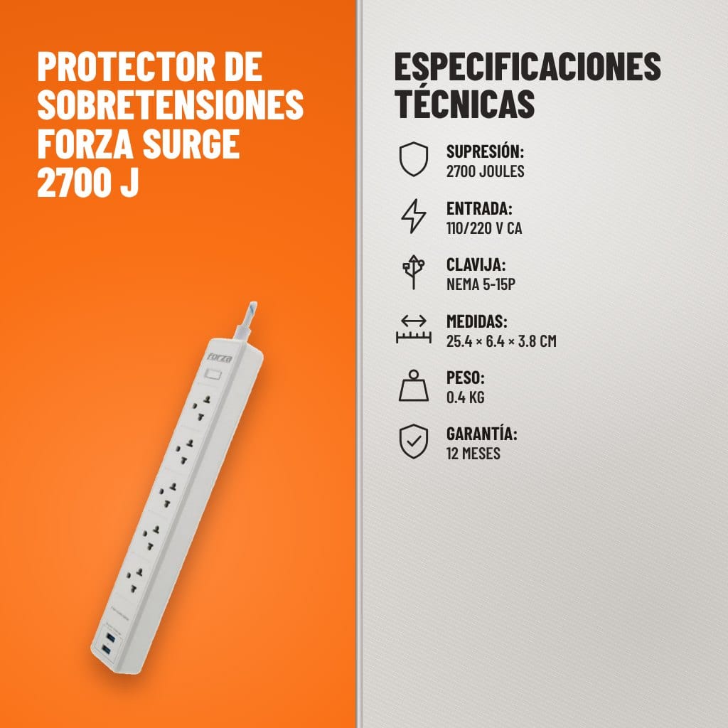 Especificaciones técnicas de Protector de Sobretensiones Forza Surge 2700 J