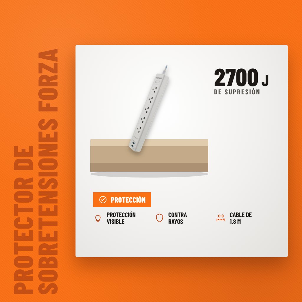 Protector de Sobretensiones Forza Surge 2700 J sobre soporte con sus beneficios principales