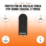 Protector de Voltaje Forza FVP-0200C Coaxial 2 Tomas: imagen promocional con regulación avr, tomas giratorias, protección coaxial, 2100 w