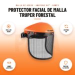 Protector Facial de Malla Truper Forestal: imagen promocional con malla de acero, abatible 90°, arnés ajustable, protege el rostro