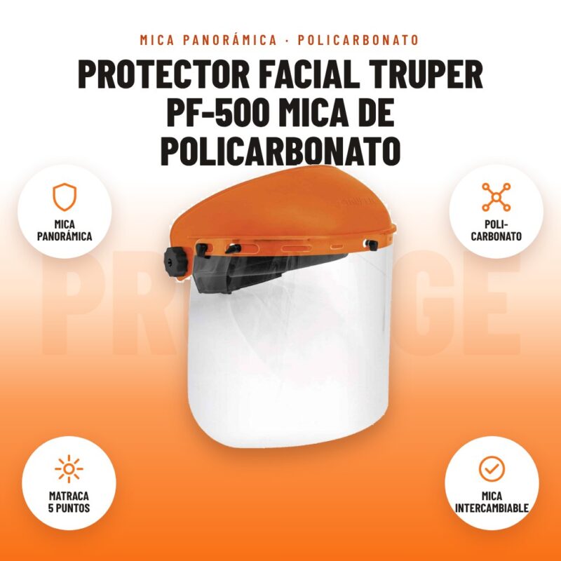 Protector Facial Truper PF-500 Mica de Policarbonato: imagen promocional con mica panorámica, poli- carbonato, matraca 5 puntos, mica intercambiable