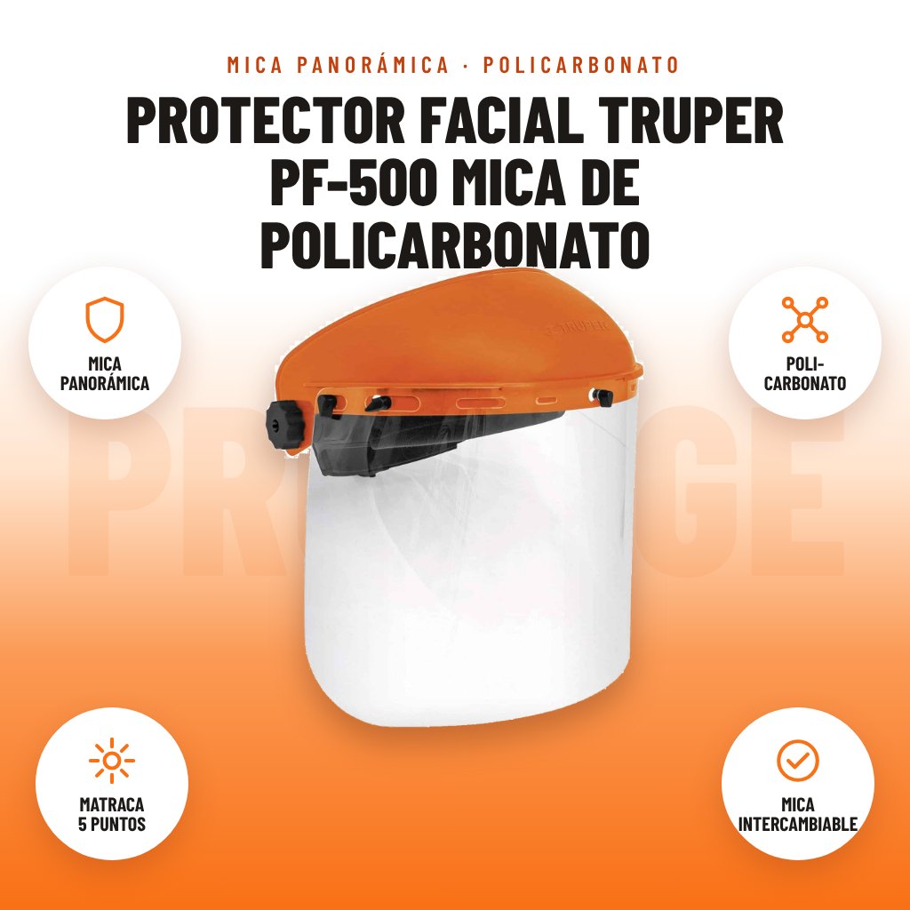 Protector Facial Truper PF-500 Mica de Policarbonato: imagen promocional con mica panorámica, poli- carbonato, matraca 5 puntos, mica intercambiable