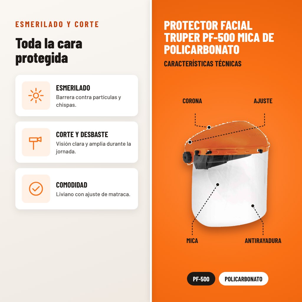 Protector Facial Truper PF-500 Mica de Policarbonato: usos y características técnicas señaladas