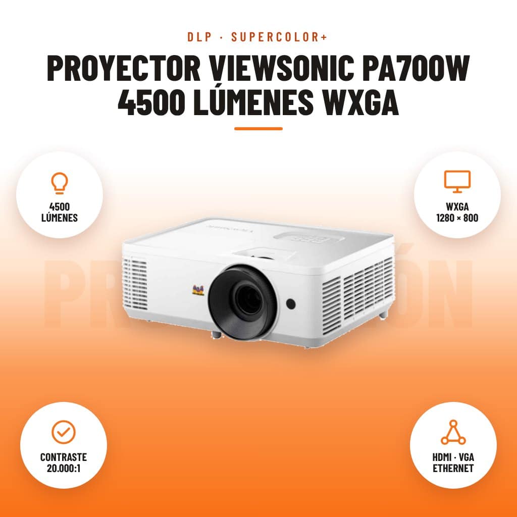 Proyector ViewSonic PA700W 4500 Lúmenes WXGA: imagen promocional con 4500 lúmenes, wxga 1280 × 800, contraste 20.000:1, hdmi · vga ethernet